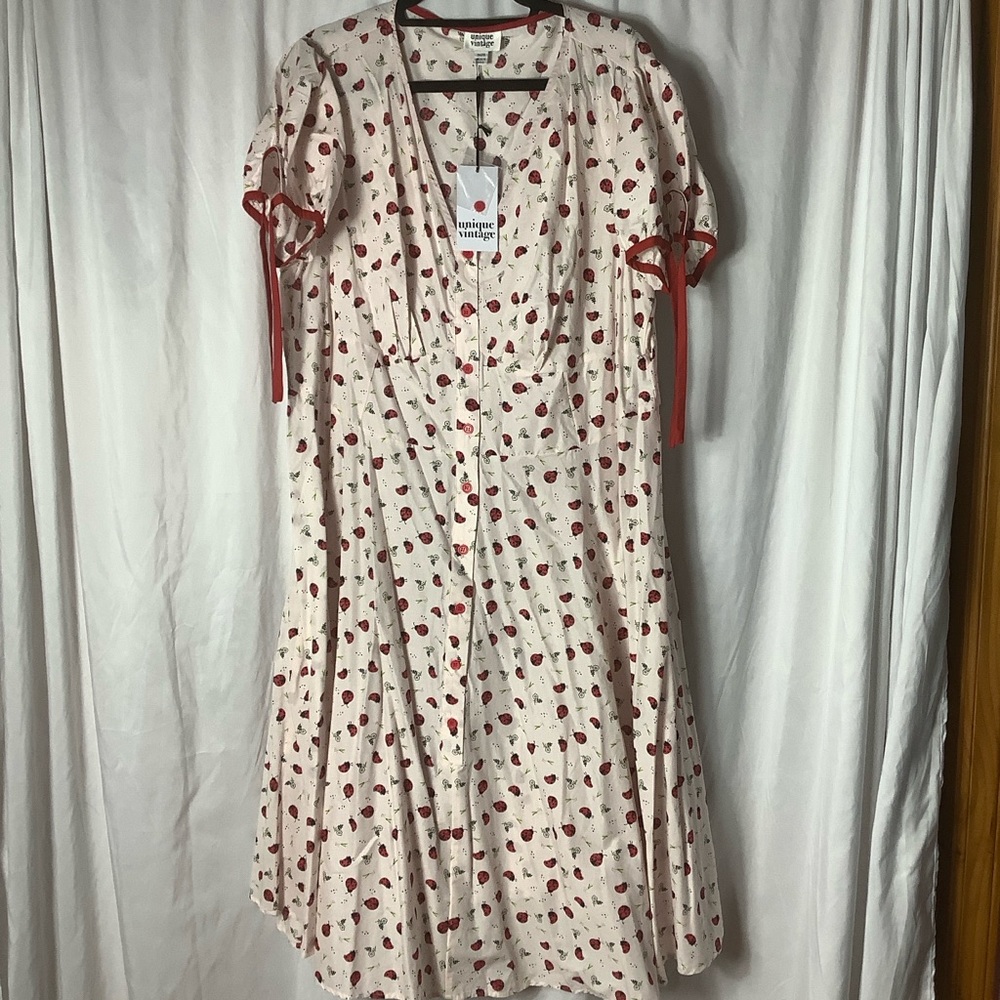 Unique Vintage Cream Midi Dress with Red Strawberry Print